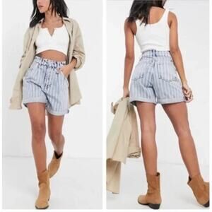 We The Free Striped High-Waist Paperbag Denim Shorts in Light Blue and White